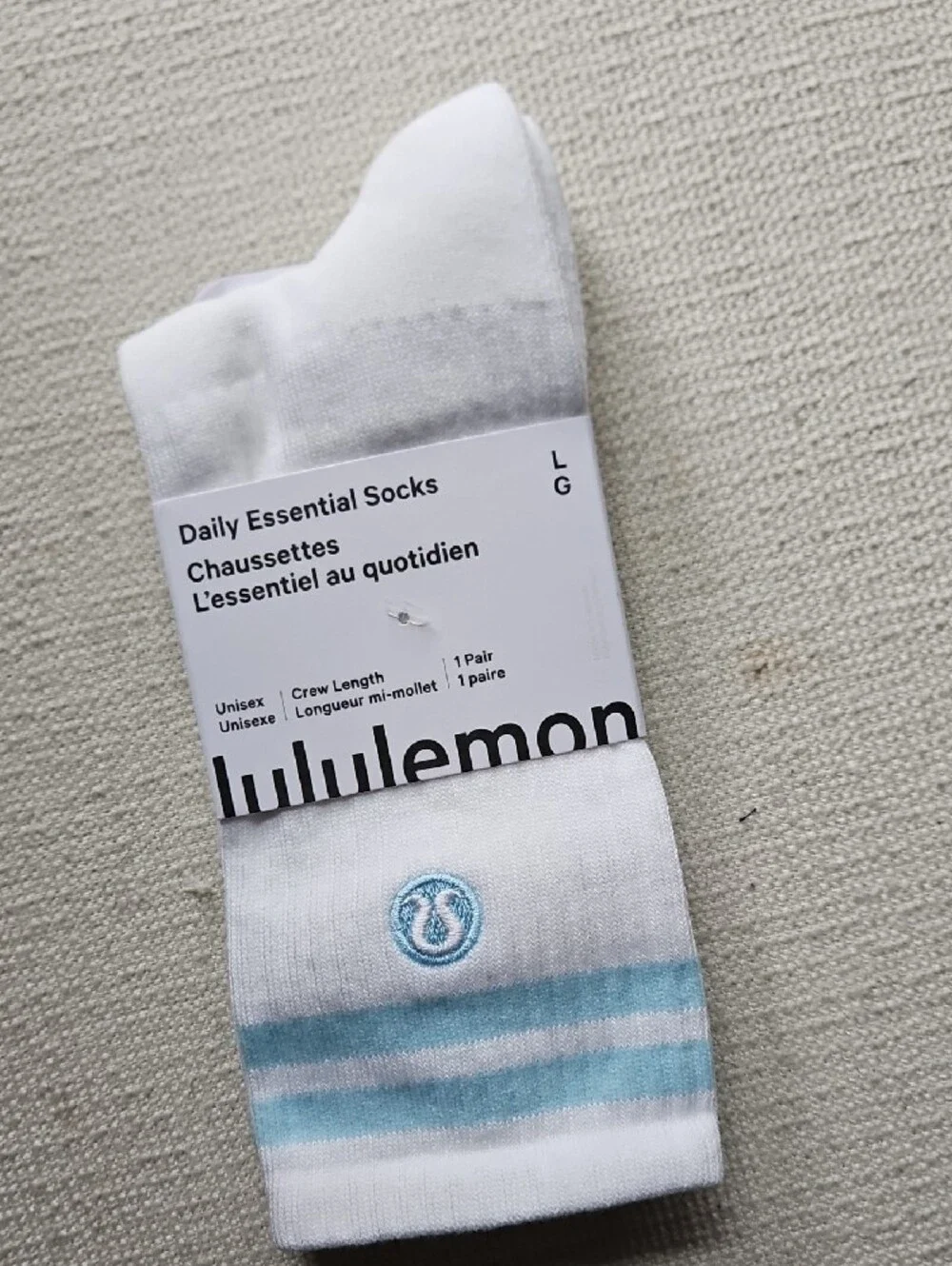 lululemon athletica White Crew Socks with Light Blue Stripes